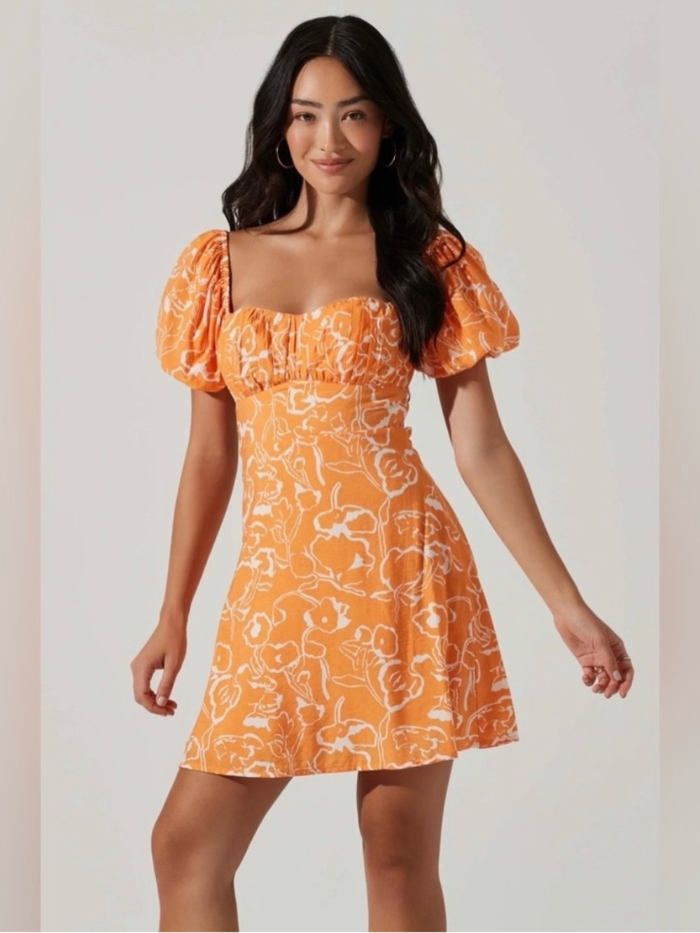 ASTR The Label Orange Floral Puff Sleeve Open Back Mini Dress Small